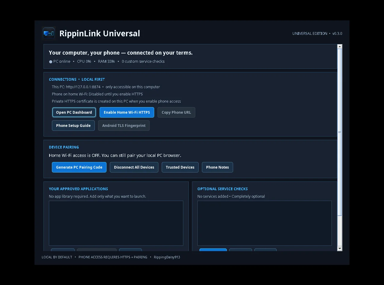 RippinLink Universal 0.3.0 Windows dashboard